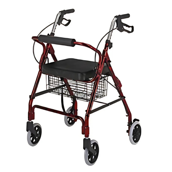 Andador con asiento, canasto y ruedas.